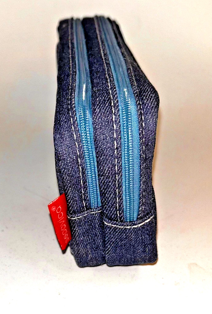 Denim Medium Size Fabric Pencil Case 2 Zippered Pockets Apple Motif