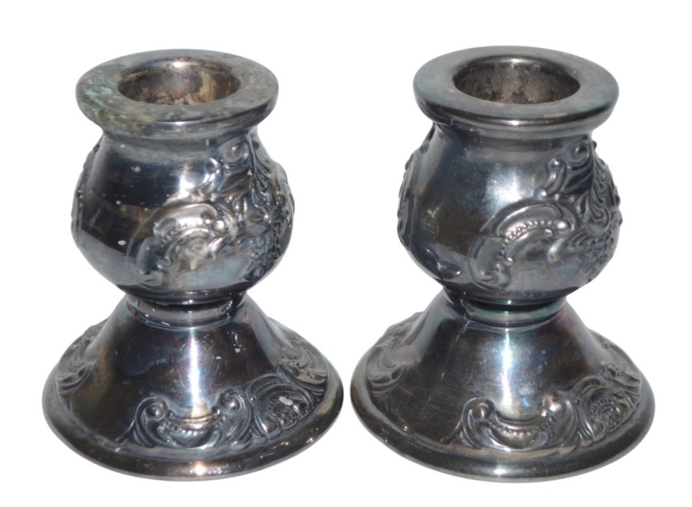 Vtg Wallace Silver Co Candle Holders Baroque Pattern 736 Silverplated 2 1/2"