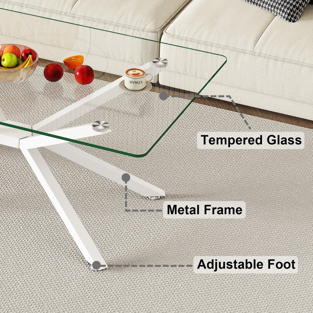39.37" Rectangle Clear Glass Glass Coffee Table,Stylish Design with White Meta