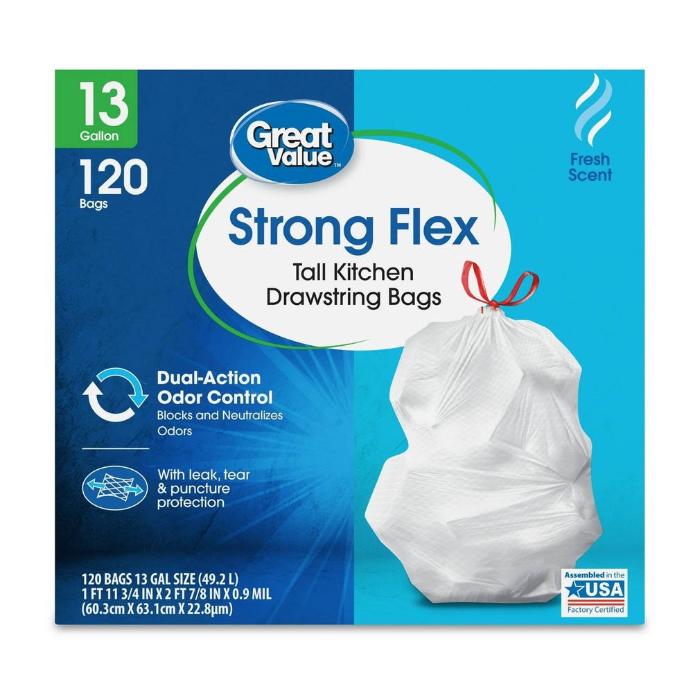 Great Value Strong Flex 13-Gallon Drawstring Tall Kitchen Trash Bags, Fresh Sce