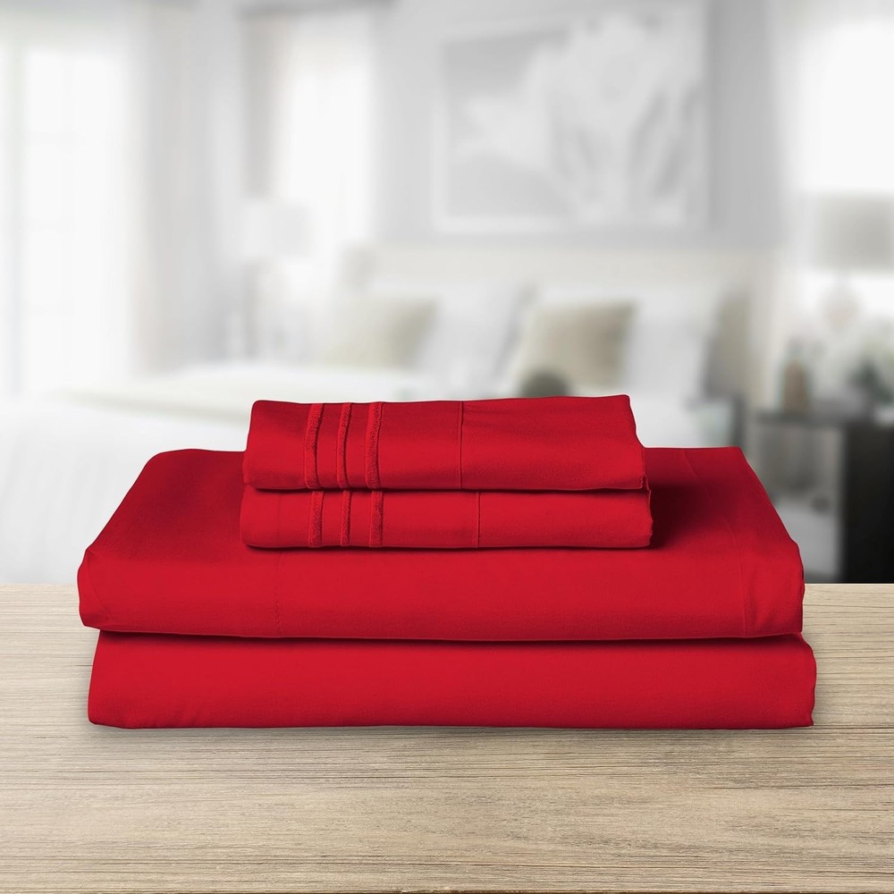 Four-Piece Red Microfiber Sheet Set - Embroidered, Wrinkle Resistant