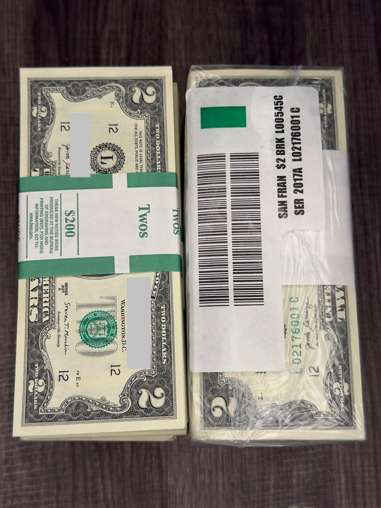 ONE STACK of 2017A TWO DOLLAR $2 Notes CRISP UNCIRCULATED BEP PACK from BRICK