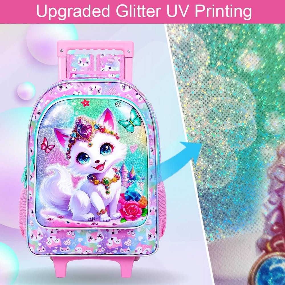 3Pcs Rolling Backpack for Girls, Kids Roller School Backpack with Wheels, Fox...