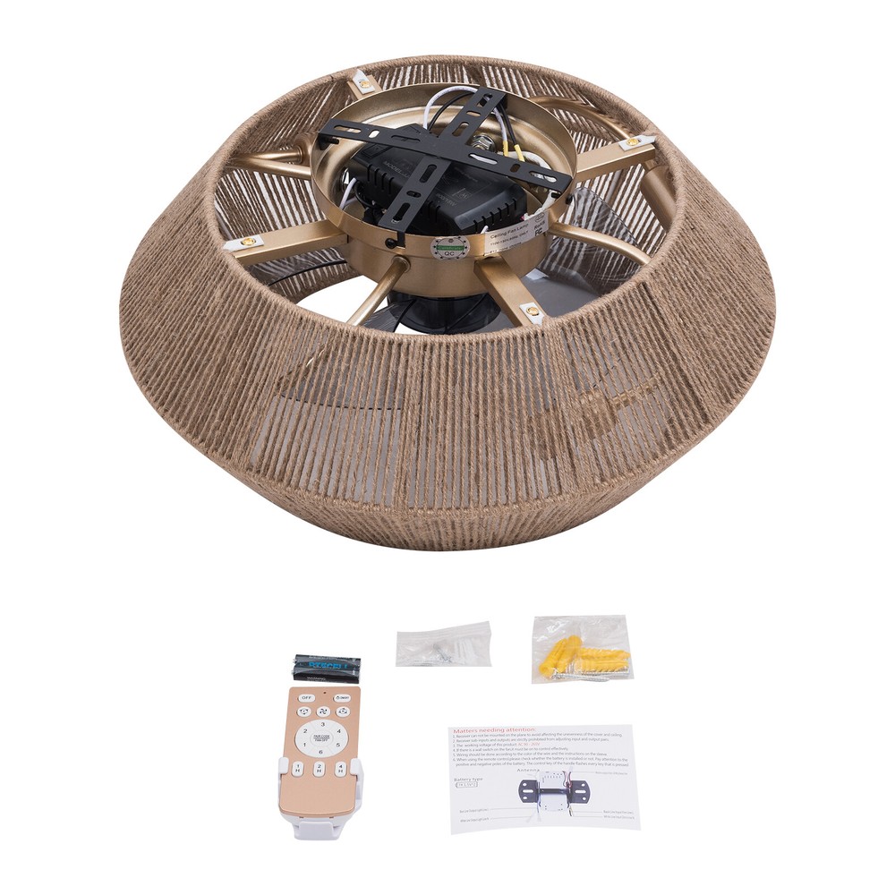 Ceiling Fan Light Rattan 6 Speeds Flush Mount Farmhouse Remote Control