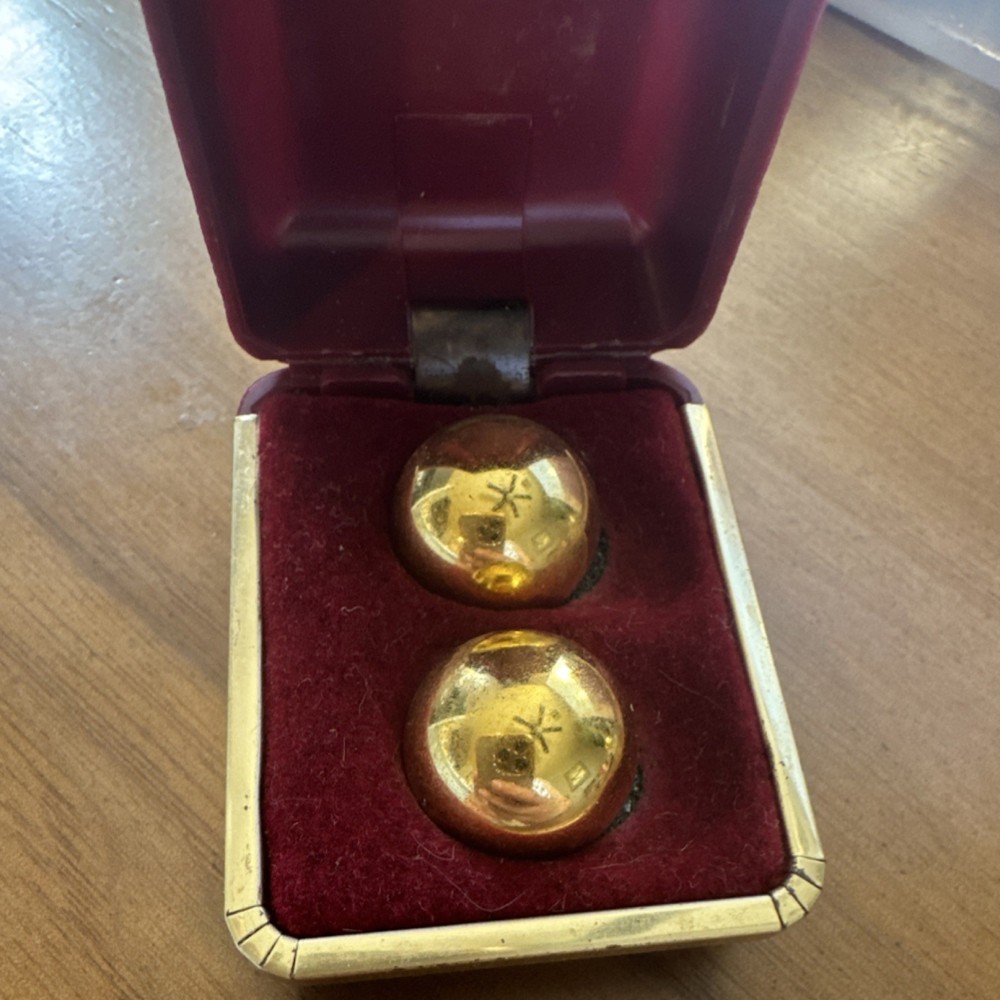 Chinese Gold-Colored Baoding Balls in Red Decorative Box Collectible