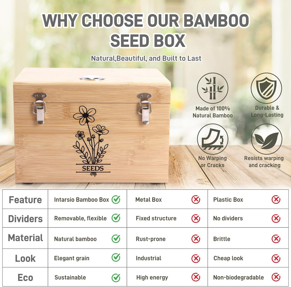 Bamboo Seed Storage Box with Hygrometer and Airtight Double-Layer Lid