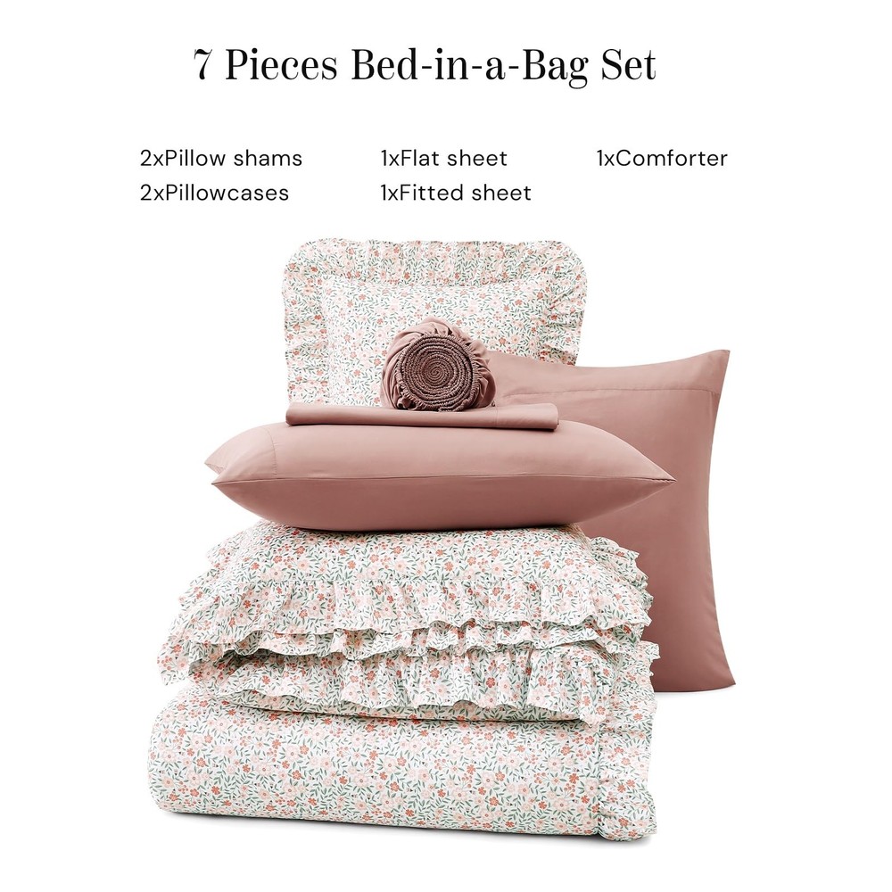 BLOOMHAVEN Queen Comforter Set - 7 Pieces Ruffle Pink Ditzy Bedding Sets, Sha...
