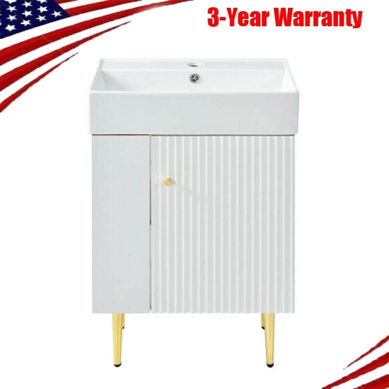 21.6" White Bathroom Vanity Combo Cabinet w/Single Ceramic Sink Leftside Storage