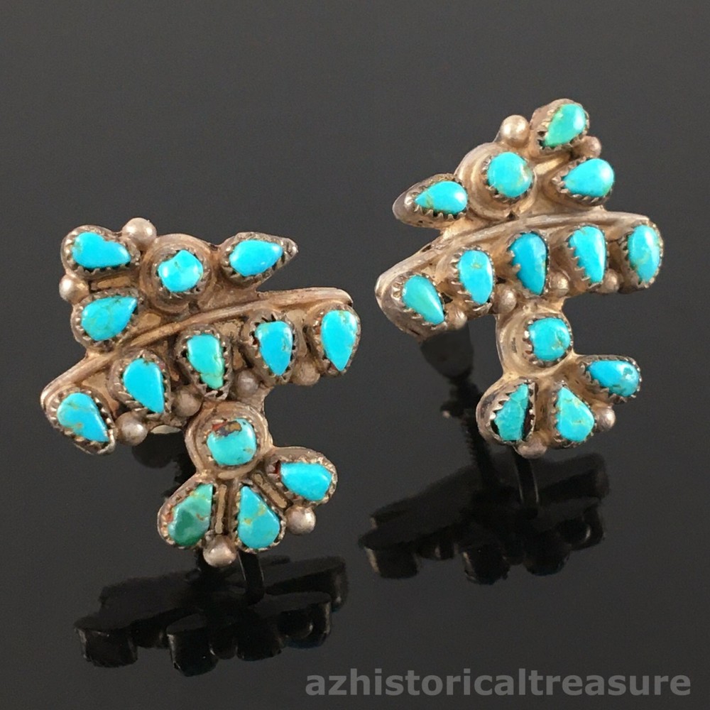 NATIVE AMERICAN ZUNI STERLING SILVER NATURAL & TURQUOISE E THUNDERBIRD EARRINGS