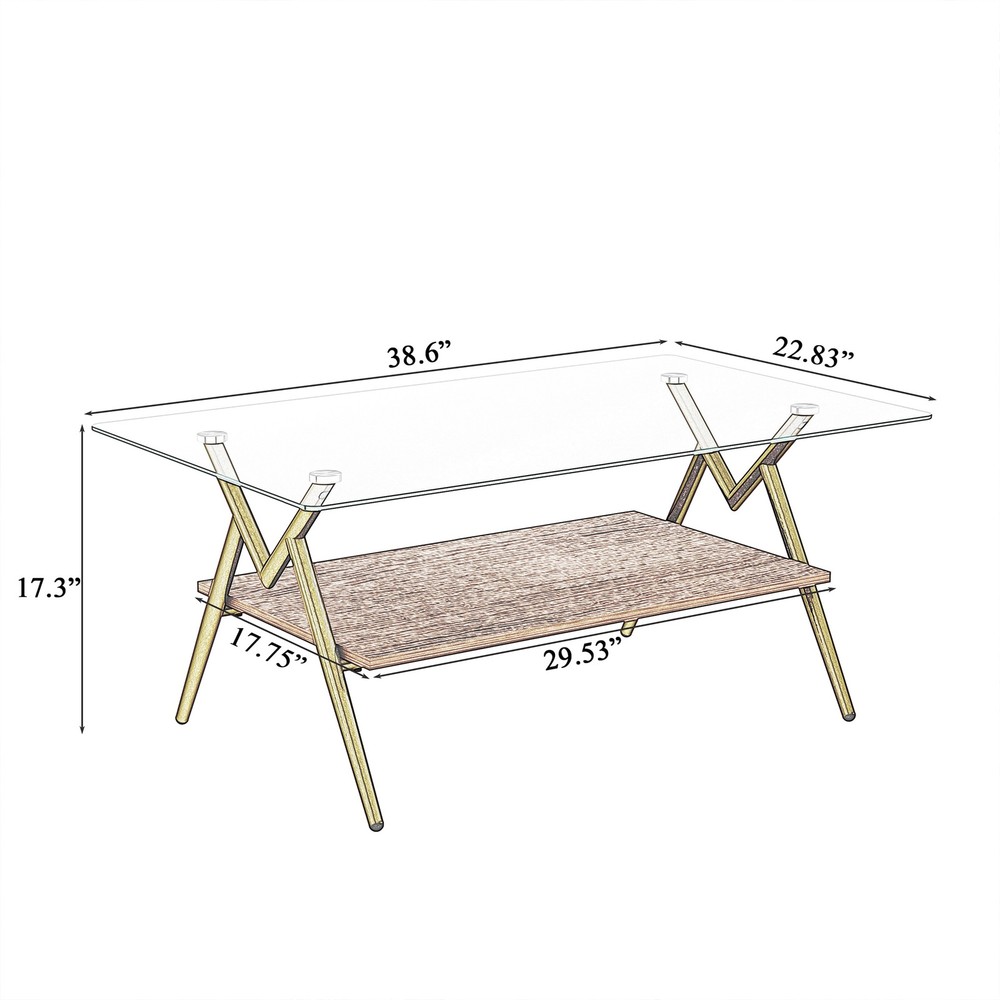 Rectangular coffee table with tempered glass on top and golden metal legs