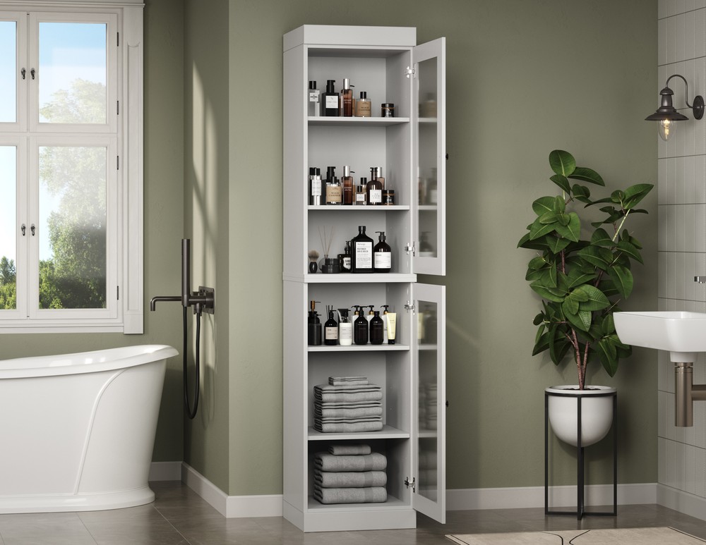 100% Solid Wood 16.5" Bathroom Cabinet, Glass Doors