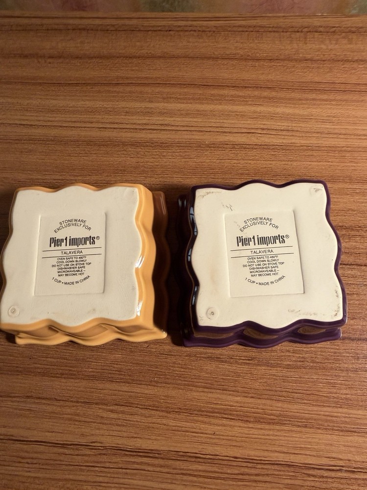 (2) PIER1 Square Talavera Bake / Serving 1 Cup Stoneware Oven Safe Ramekins di