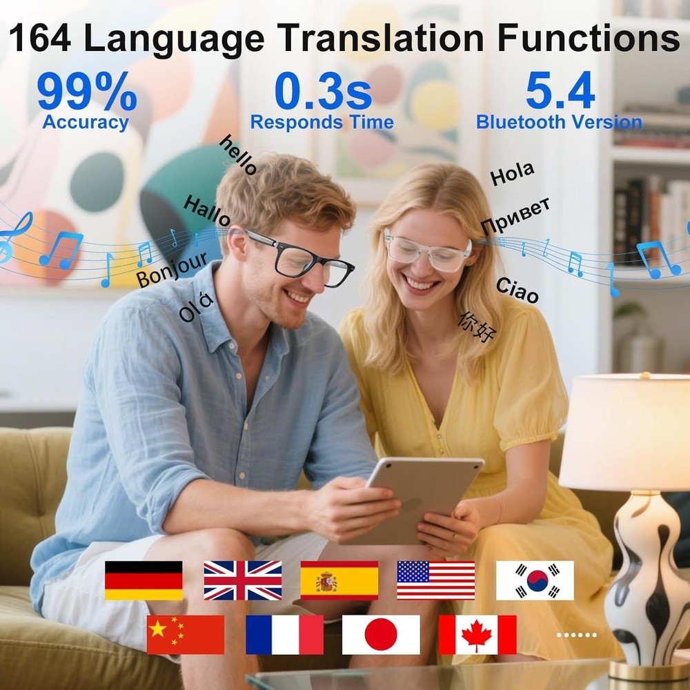 Multilingual Bluetooth Smart Glasses - 164 Languages