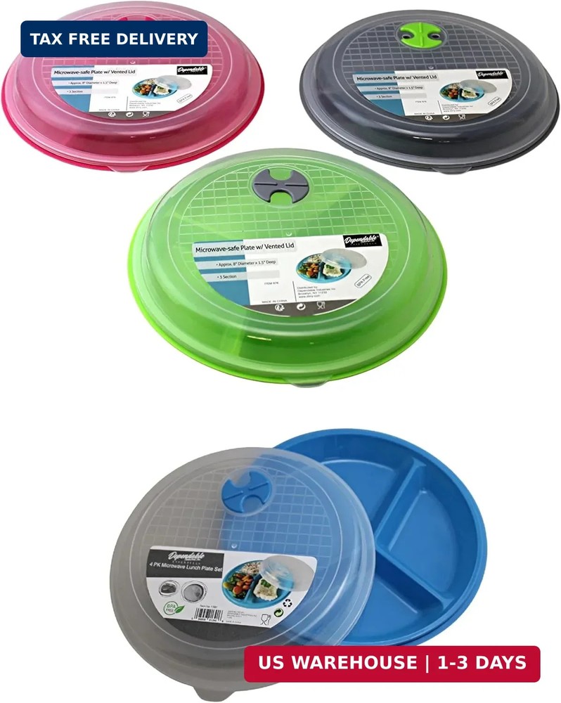 4-Pack Divided Microwave Plates with Vented Lids - BPA-Free, Stackable Meal Prep