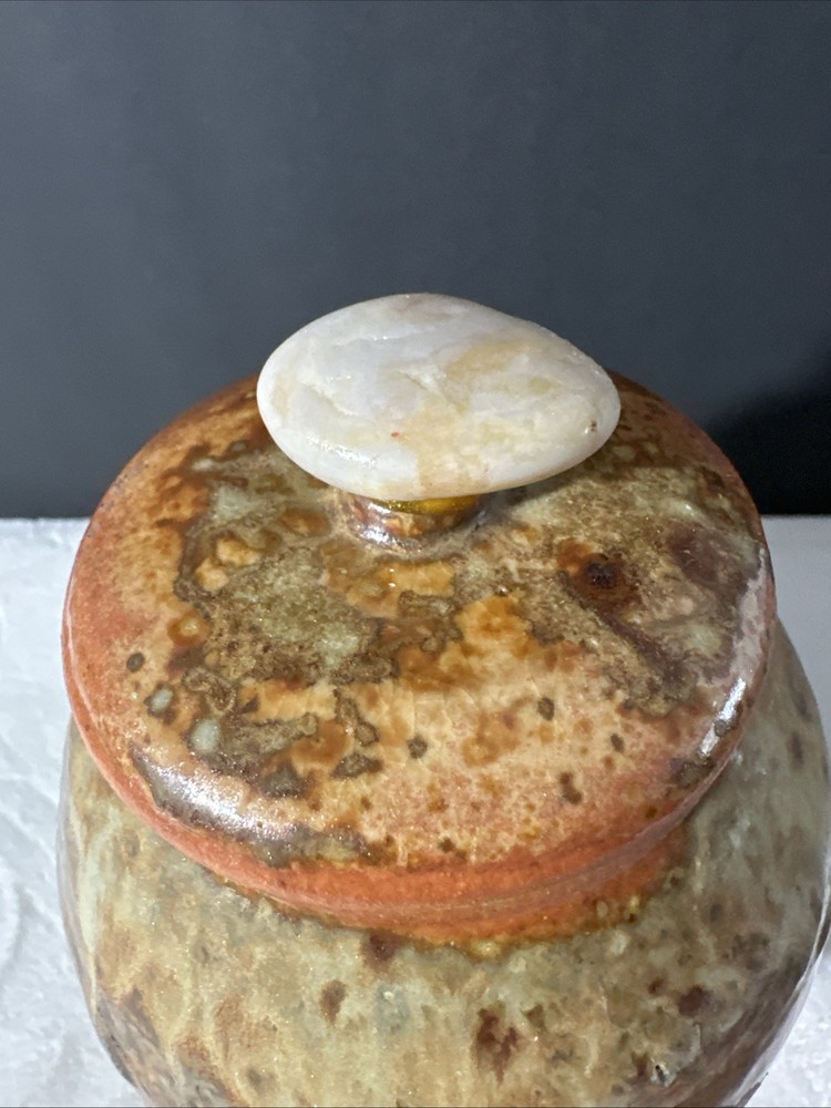 Tan Drip Glazed Ceramic Jar with Agate Adorned Lid Signed