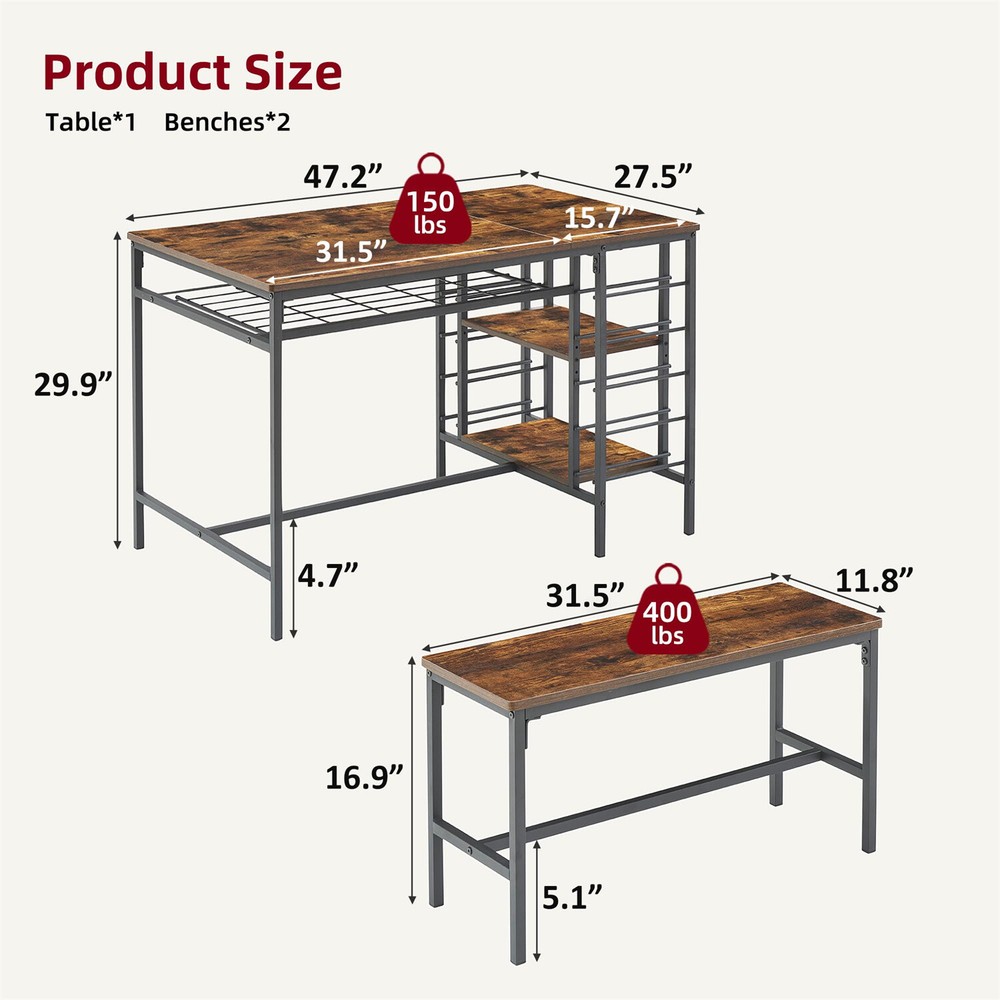 3 Piece Dining Table Set for 4 Kitchen Table Set for 4 with 2 Benches Wine Rack