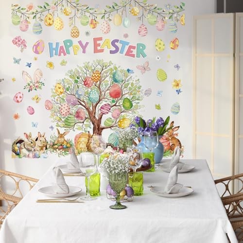 2 Pcs Large Easter Eggs Tree Wall Decals 44 x 32 Happy Rabbit Easter Bunny
