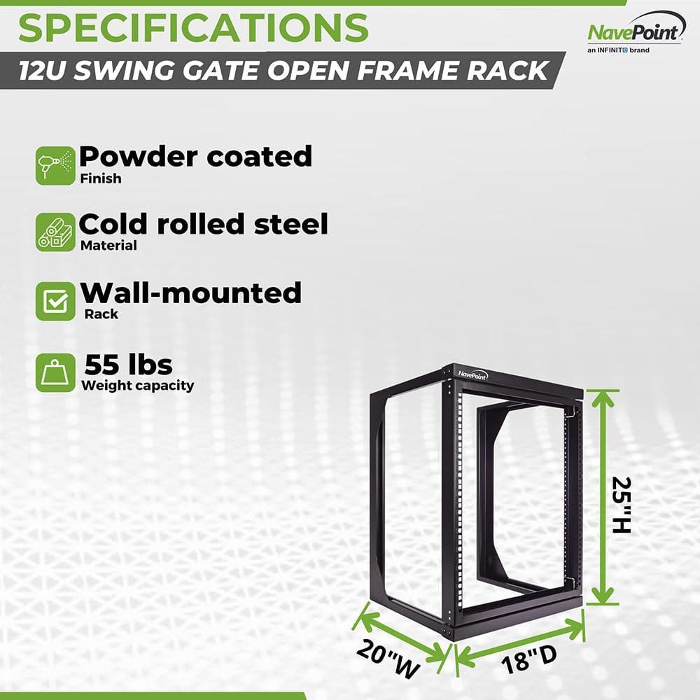 Navepoint 12U Open Frame Server Rack for 19" IT Network Equipment & A/V Devices,