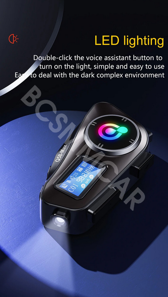 Motorcycle Bluetooth Headphones Helmet Intercom Headset LCD Display W/Flashlight