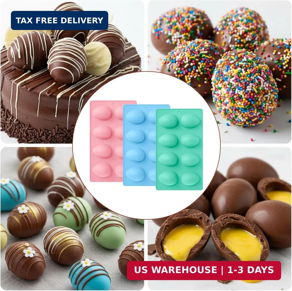 3 Pack 3D Easter Egg Silicone Molds, 8 Cavity Egg Shape Non-stick Baking Mold...