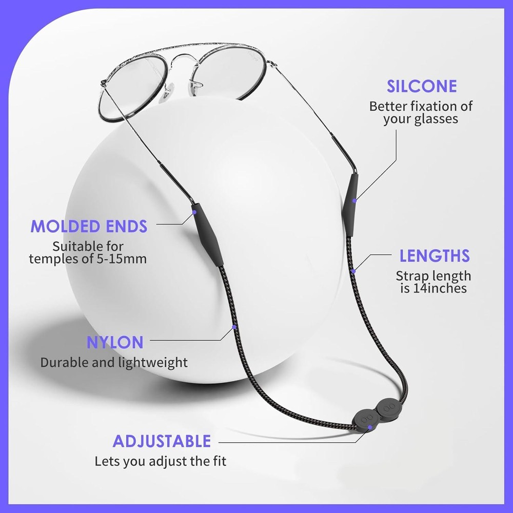 Glasses Strap 3 Pcs - No Tail Sunglasses Straps - Adjustable Eyeglasses Strap, E