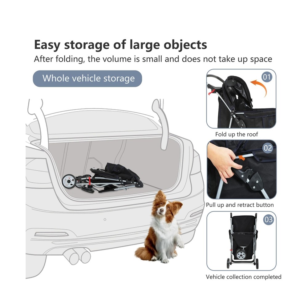 FDW Pet Stroller Foldable Dog Stroller 3-Wheel Durable Cat Jogger Stroller fo...