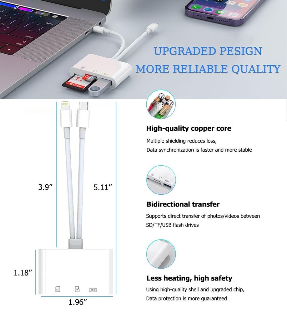 USB C SD Card Reader for iPhone, iPad, Lightning Dual Port White