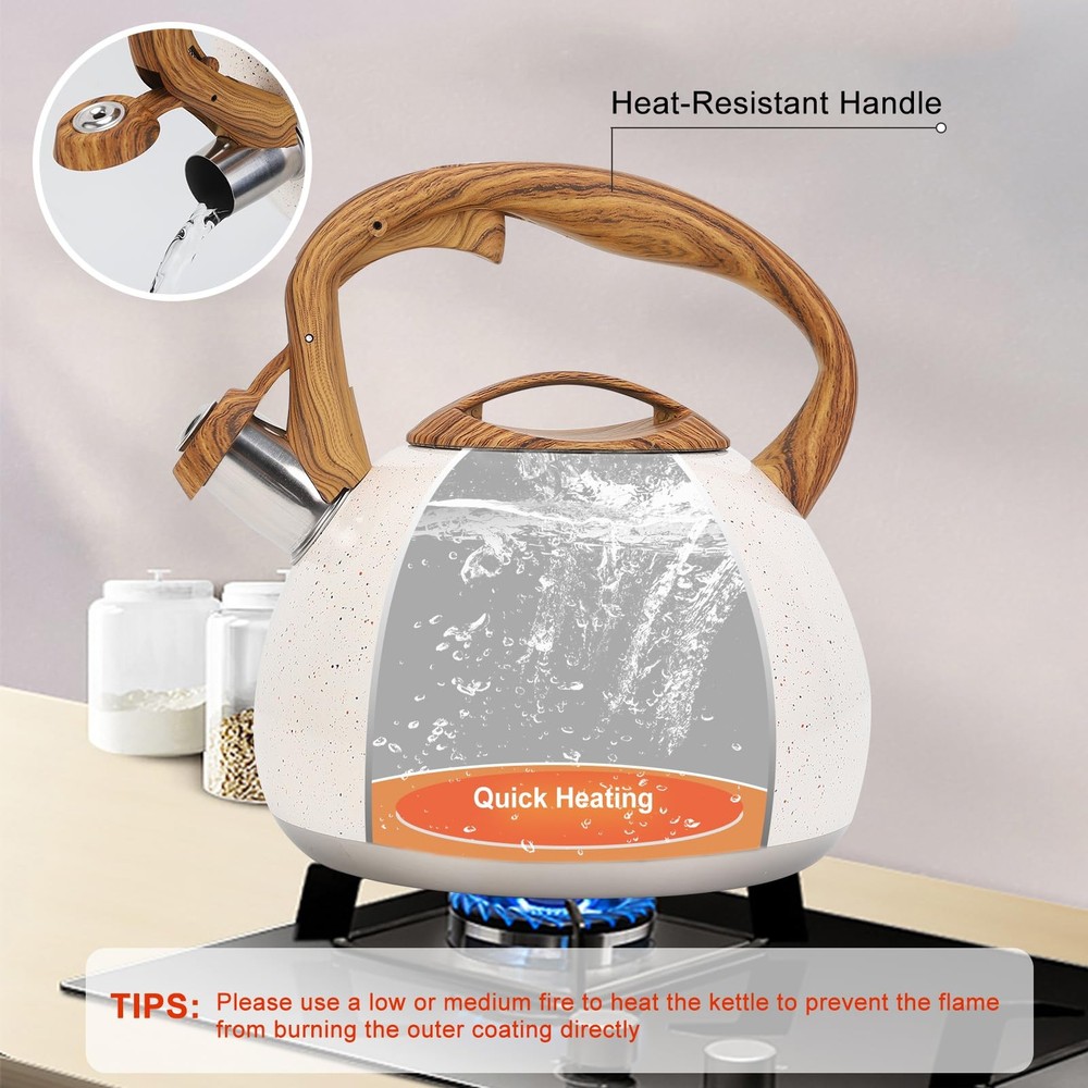 Whistling Tea Kettle 3 Liter with Wood Pattern Folding Handle B-White