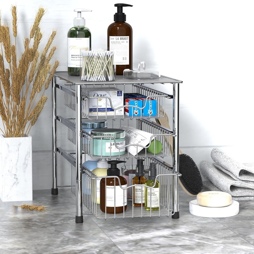 Elegant 3-Tier Chrome Stackable Sliding Basket Organizer for Effortless Storage