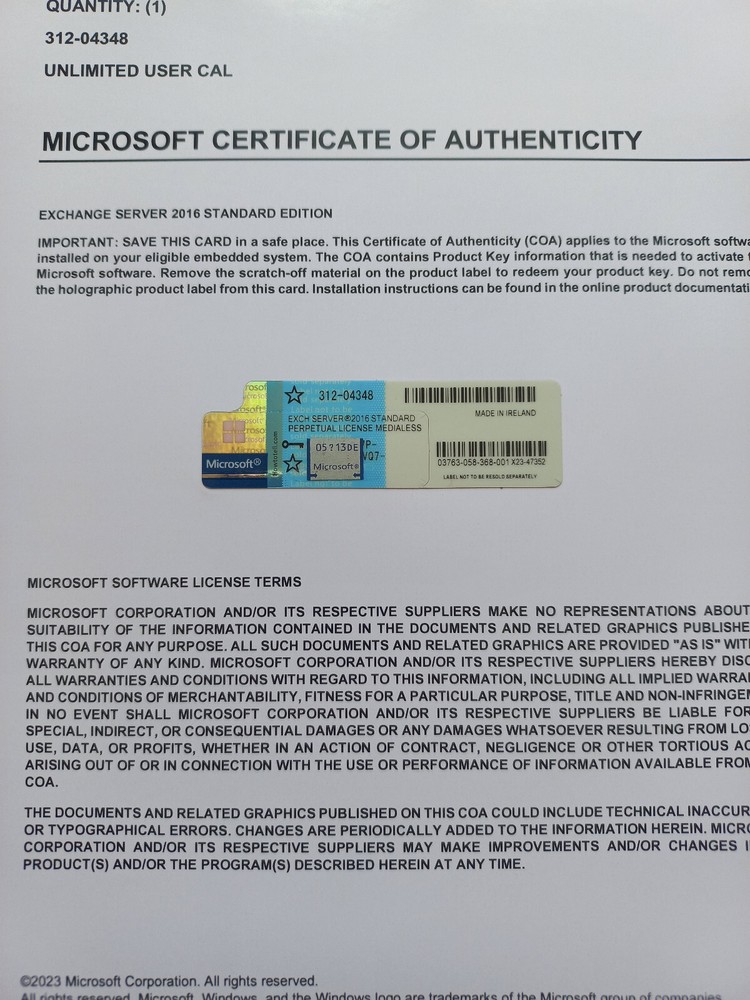 Microsoft Exchange Server 2016 STANDARD Retail Unlimited CAL CoA Authentic