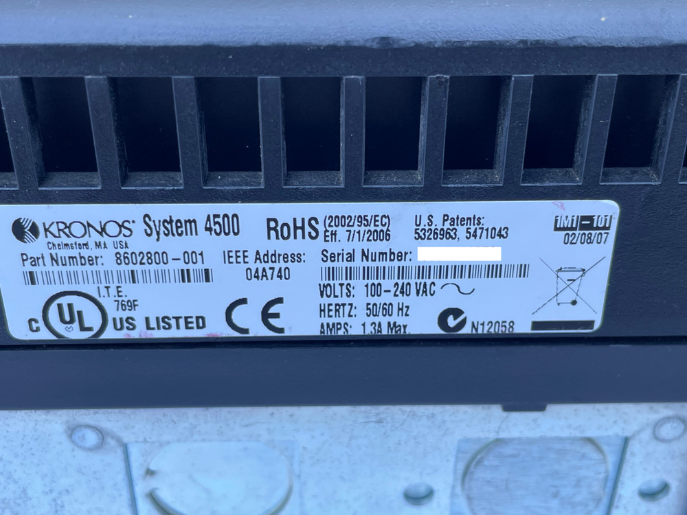 KRONOS System 4500 Time Clock Card Reader Terminal, 8602800-001