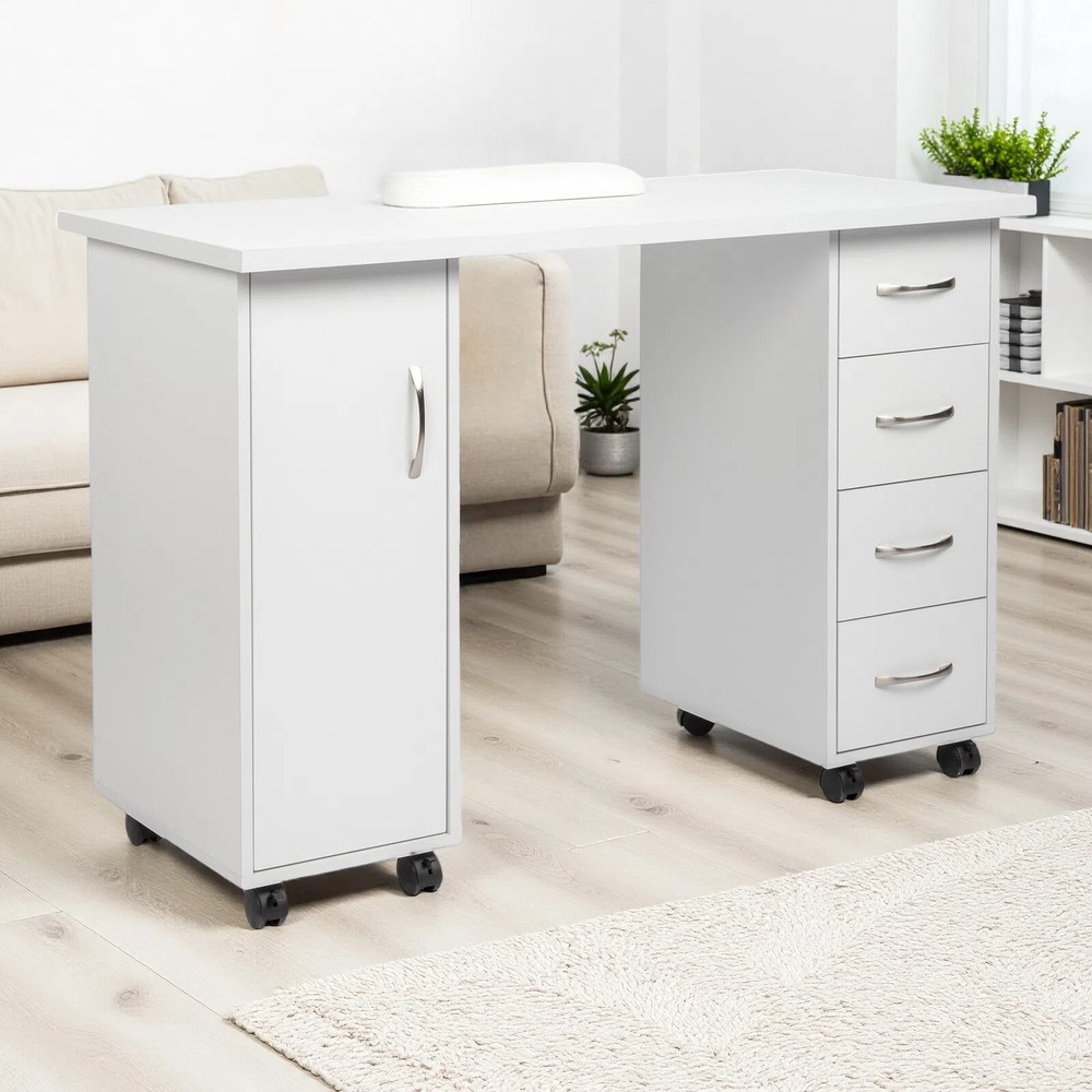 Rolling Computer Desk - White, 4-Drawer, Shelves Storage & MDF ​Nail Table​
