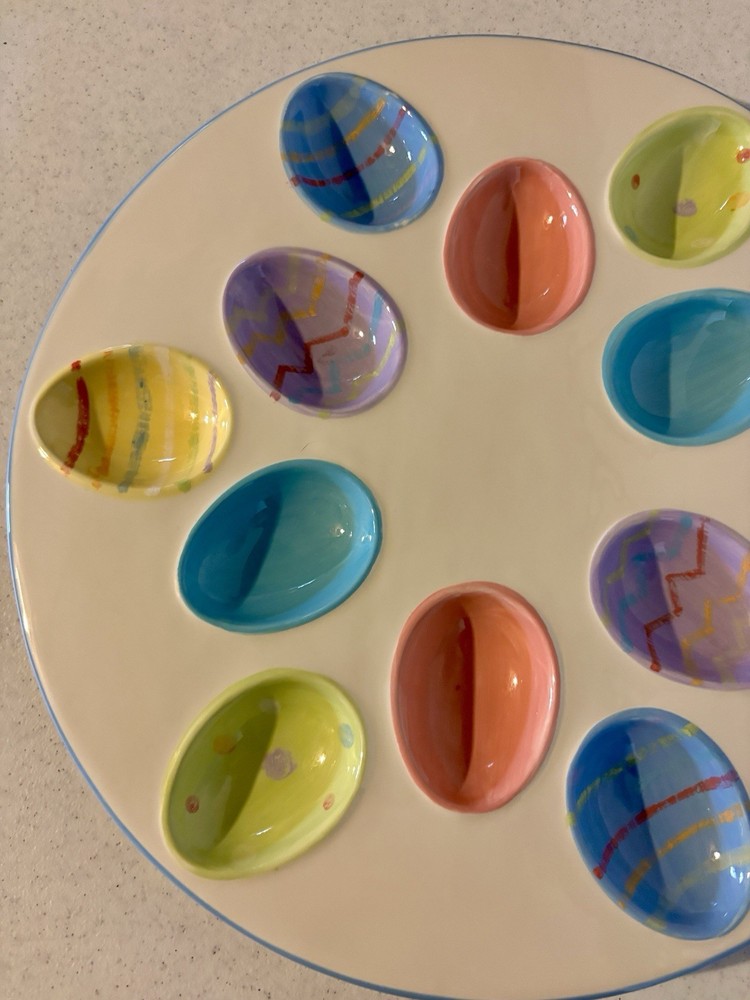 Easter Spring Colorful Egg Shaped Deviled Egg Tray Platter Holds 12 12.5 Inches