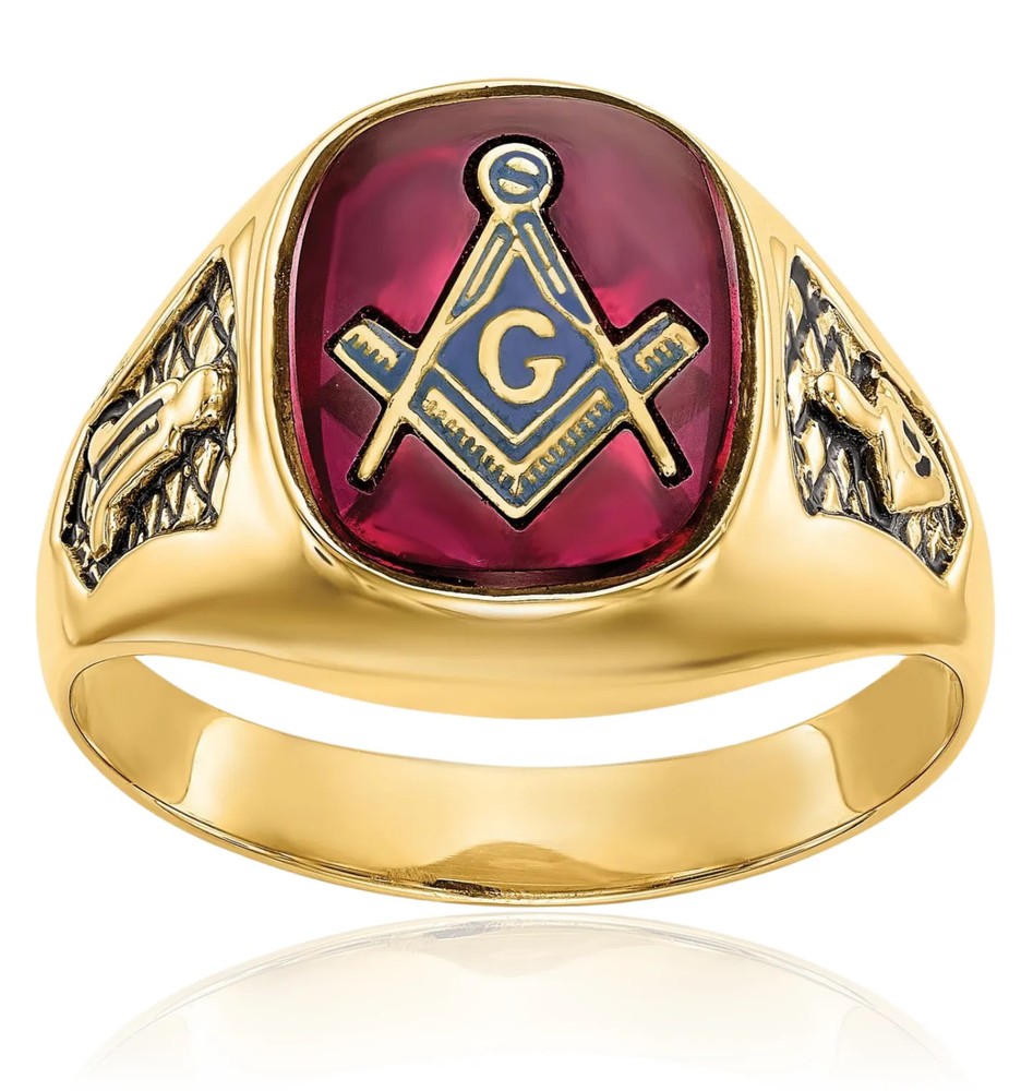 10K Solid Yellow Gold Mens Black Lab Ruby Masonic Ring