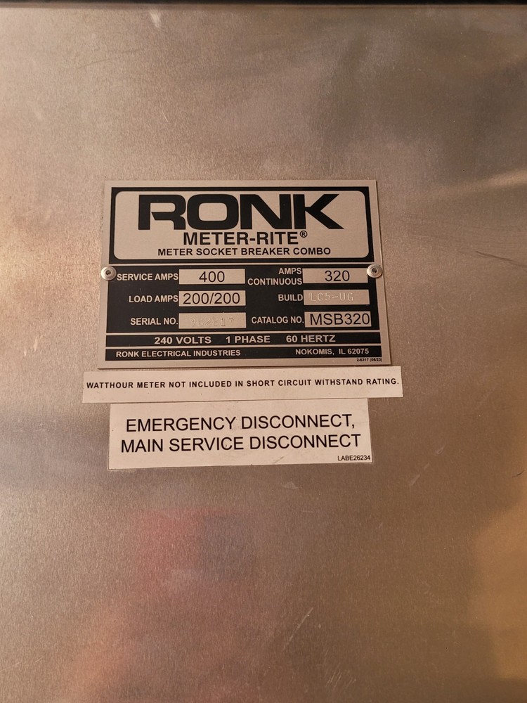 Ronk MSB320LC5-UG Meter Base 320/400 Amp Single Phase Lever Bypass + Breakers