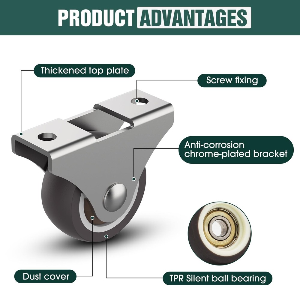 2 Inch Rubber Caster Wheels, Low Profile Casters, Mini Fixed and Quiet Rollin...