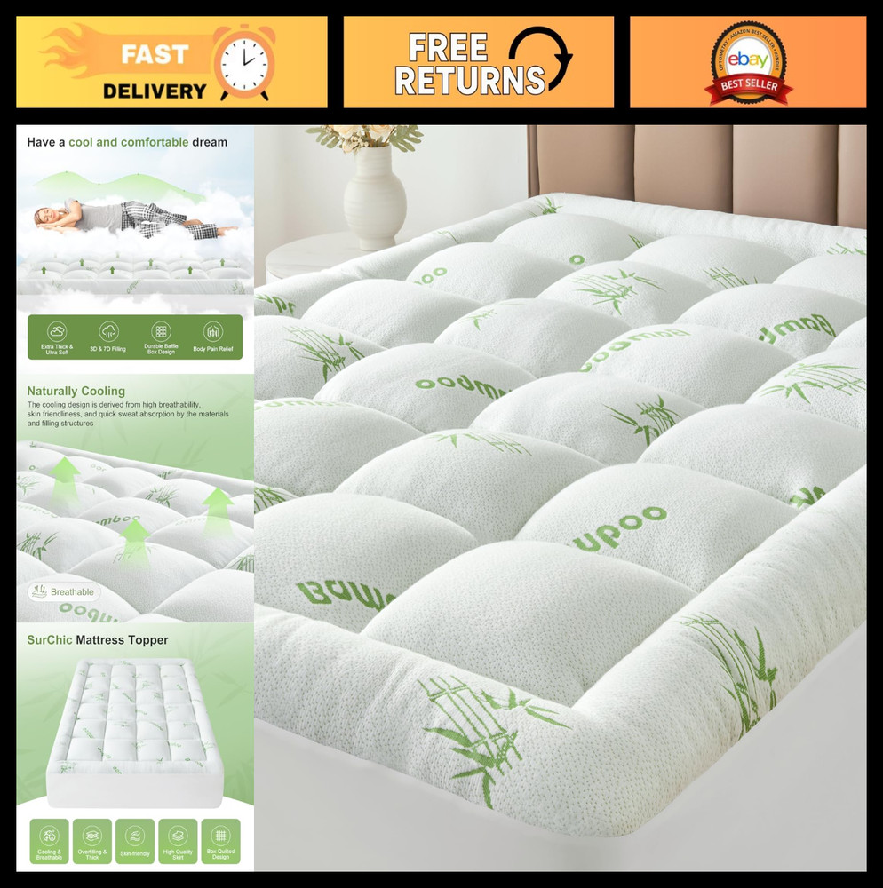 King Size Bamboo Mattress Topper - Soft Thick Pillow Top, Cooling Protector, Dee