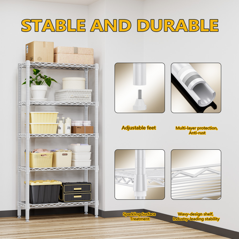 5 Tier Wire Shelving Baker Pantry Kitchen Storage Shelves Rack 12"*30"*60" White