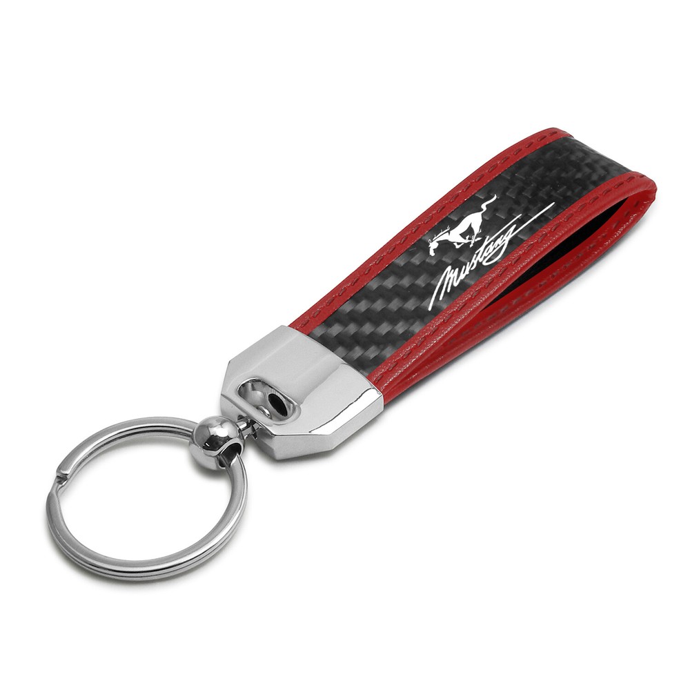 Ford Mustang Script Real Carbon Fiber Strap with Red Stitching Edge Key Chain