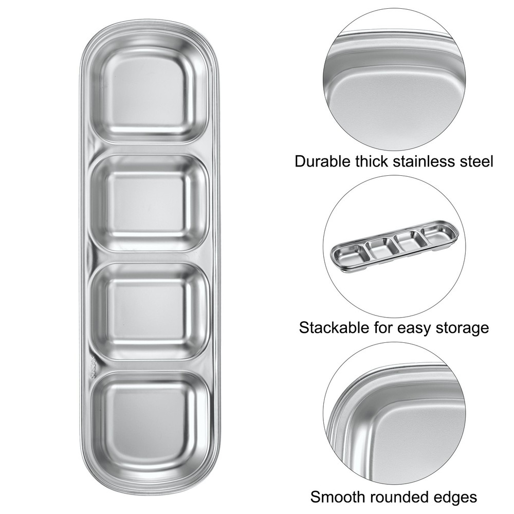 4pcs Metal Dish Dipping with 4 Rectangular Compartment Divided Silver