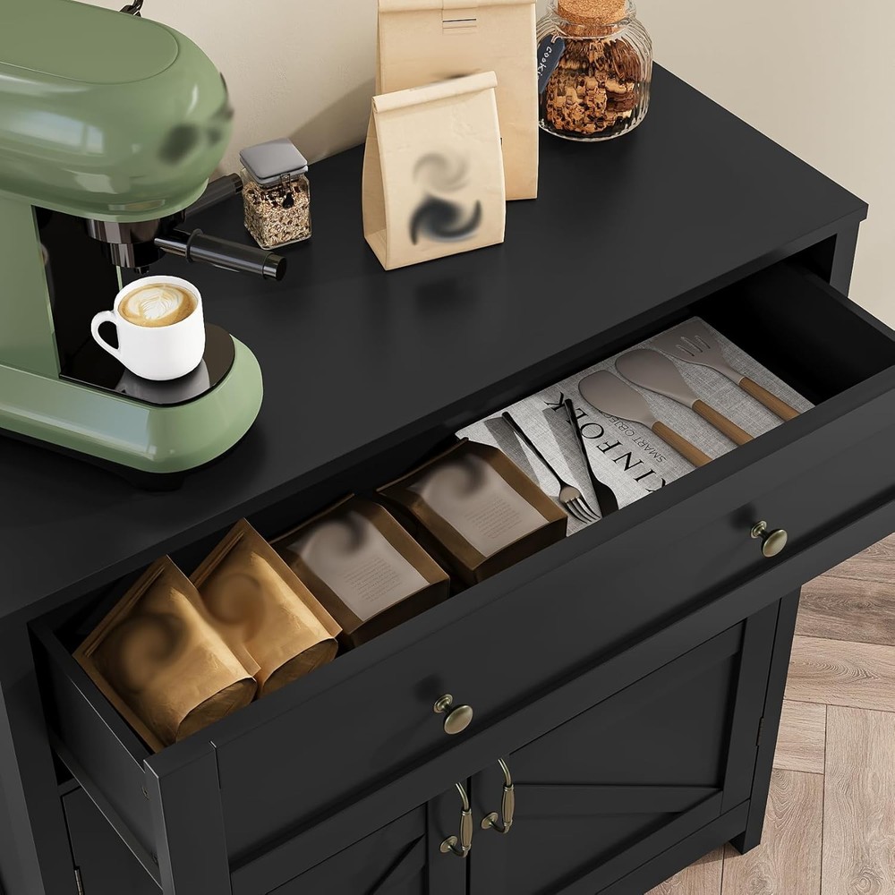 Buffet Sideboard W/ 2 Barn Doors,Black Kitchen Cabinet W/ Adjustable Shelf