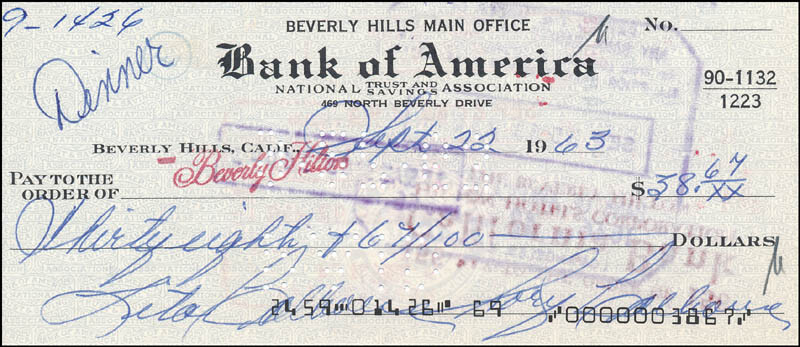 RORY CALHOUN - CHECK SIGNED 09/22/1963