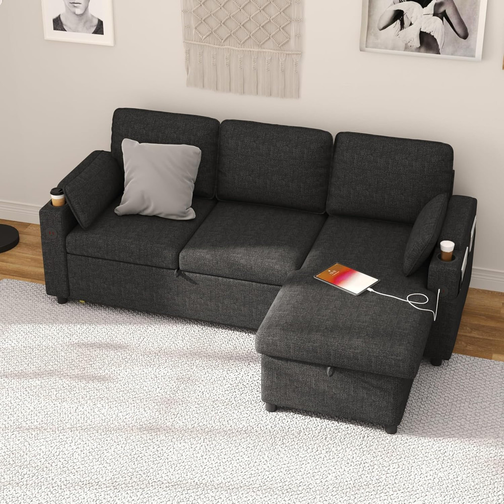 Dark Gray L-Shaped Sleeper Sofa Bed with Storage, USB & Cup Holder