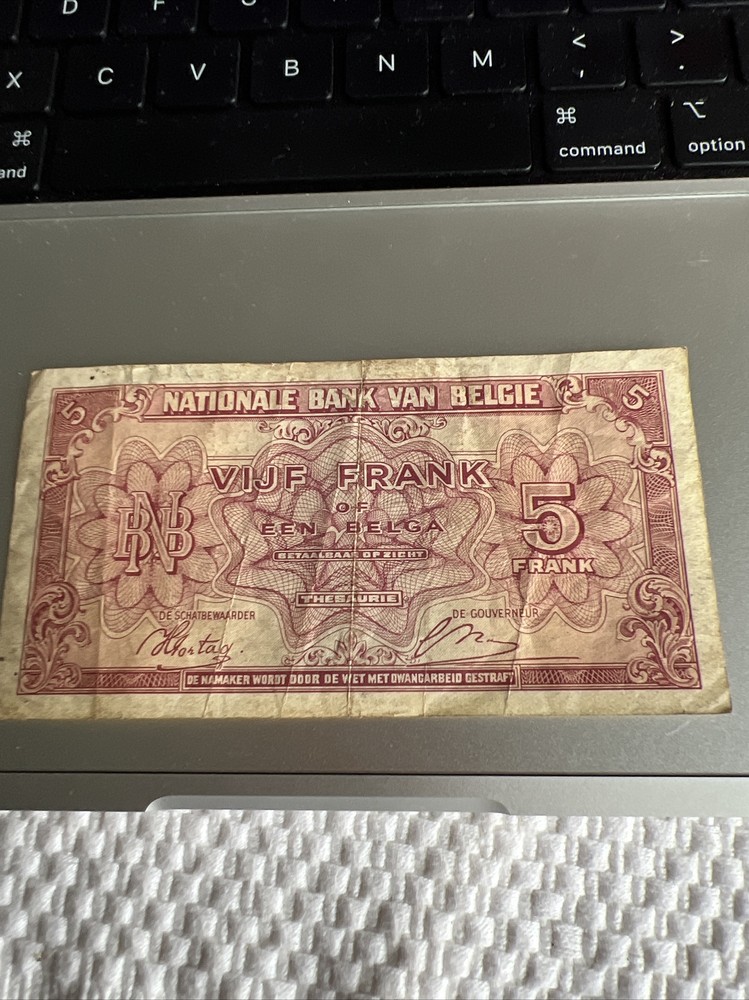 1943 Belgium 5 Francs Banknote Circ