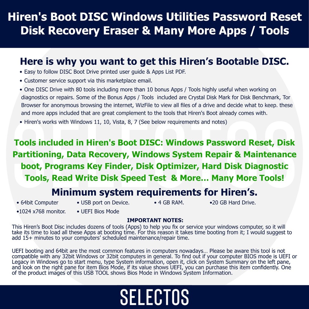 Hiren's Boot CD PC Utilities Disc Password Reset Disk Recovery +Apps List &More