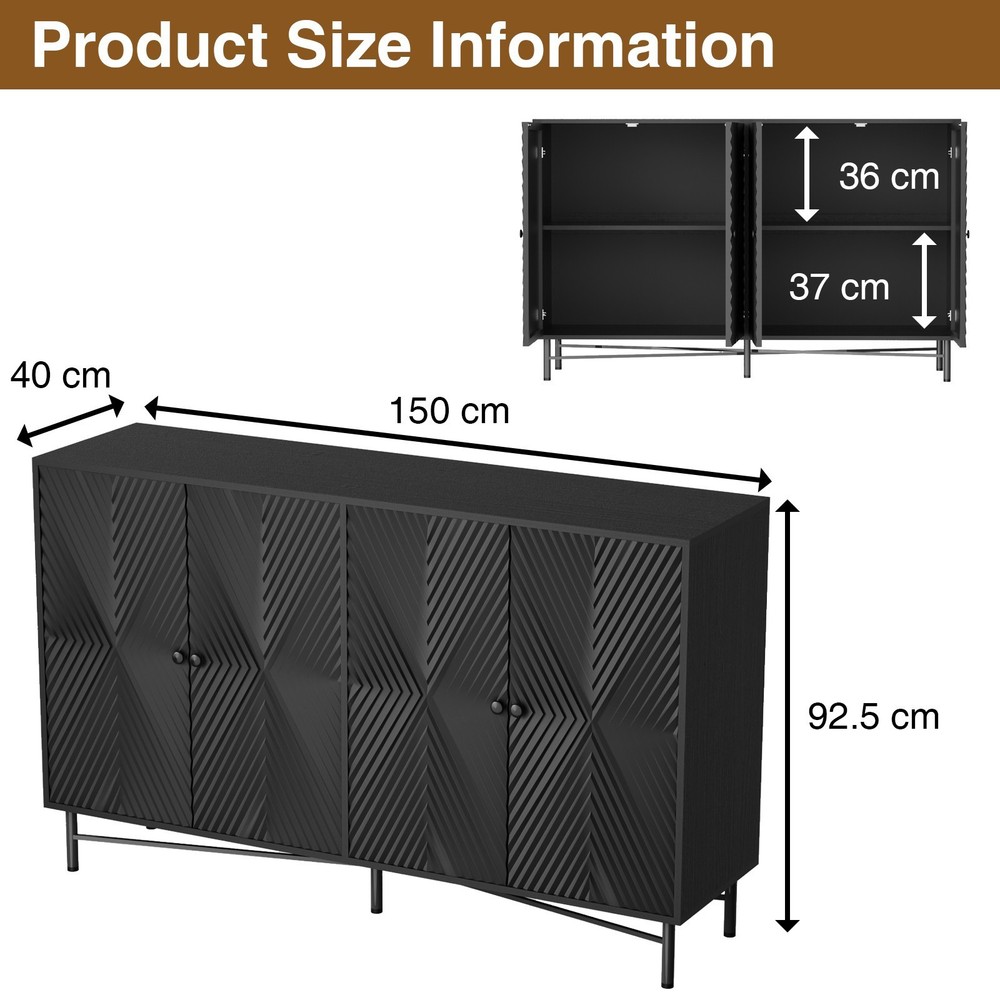 59" Fluted Sideboard Buffet Cabinet w/4 Doors Black Kitchen Storage Sideboard US
