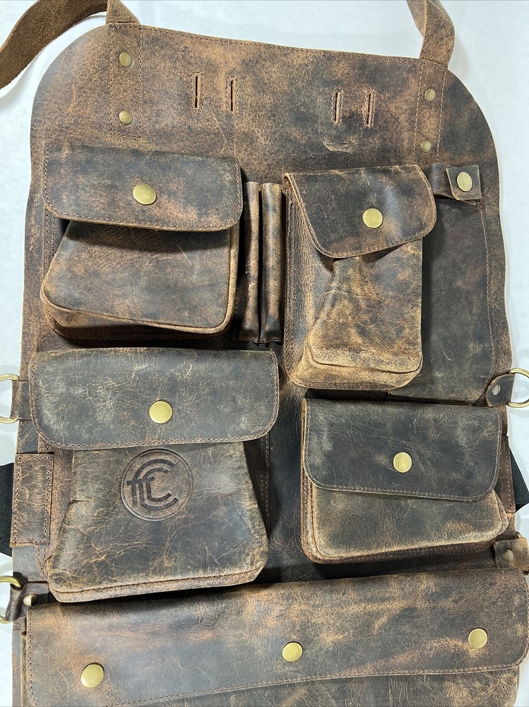 NICE Multi-Pockets Real Leather Apron with Adjustable Straps & Brass Hardware