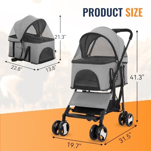 3 in 1 Multi-Function Dog Jogger with Detachable Carrier, Gray 4 Wheels