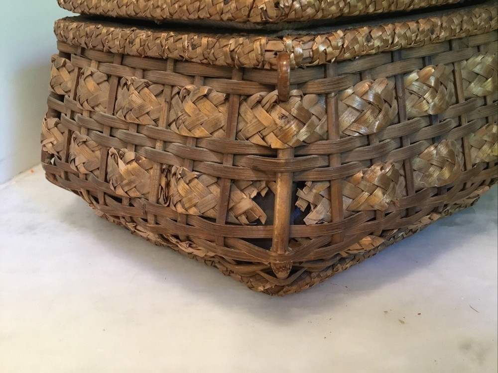 Antique Woven Victorian Tufted Silk Lining Sewing Basket