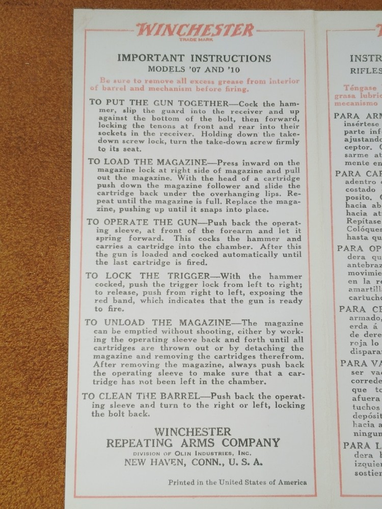 Winchester Model 1907 07 Instruction Manual